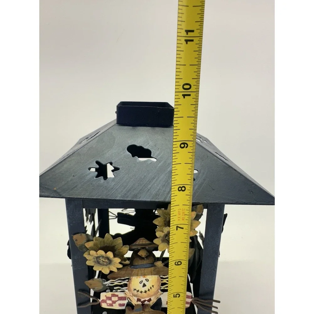 Laurie Korsgaden Fall Scarecrow Pumpkin Metal Lantern Candle Holder Folk Art